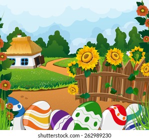 Easter rural landscape with a small house with a thatched roof on the meadow. Painted Easter eggs near a wooden fence in the foreground