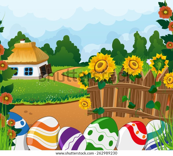 Easter Rural Landscape Small House Thatched Stock Vector (Royalty Free ...