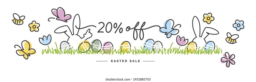 Easter Sale 20 % off handwritten typography lettering line design bunny colorful flowers butterflies tulips Easter eggs in grass egg hunt white greeting card