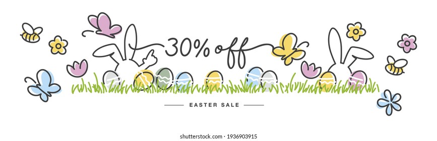 Easter Sale 30 % off handwritten typography lettering line design bunny colorful flowers butterflies tulips Easter eggs in grass egg hunt white greeting card