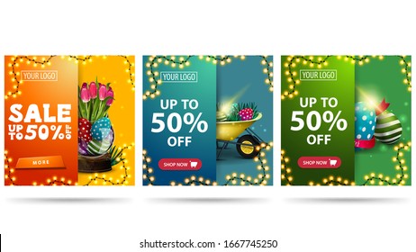Easter sale, up to 50% off, collection square discount banners in material design with Easter icons, buttons and frame of garland. Easter discount banner isolated on white background