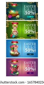 Easter sale, up to 50% off, large collection colorful horizontal discount banners with Easter eggs, bunny, buttons and frame of garlands. Green, blue and pink coupons