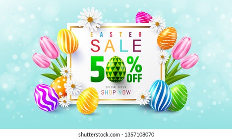 Easter Sale 50% OFF Poster and template with colorful Easter Eggs and flower on blue.Greetings and presents for Easter Day.Promotion and shopping template for Easter Day.Vector illustration EPS10