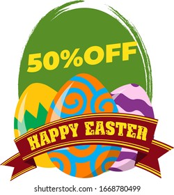 Easter Sale 50% OFF Poster and template .Greetings and presents for Easter Day.Promotion and shopping template for Easter Day. Editable layers. Vector illustration EPS 10