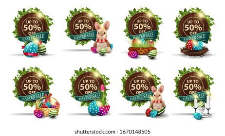 Easter sale, up to 50% off, set of brown discount banners in the form of wood barrel with a frame of vines, green ribbons and Easter icons. Easter disounts banners isolated on white background