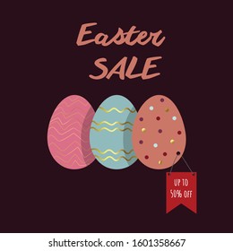 Easter sale. Up to 50 percent off. Vector set of colorful stylish decorative eggs and red label. Golden elements. Flat style illustration.