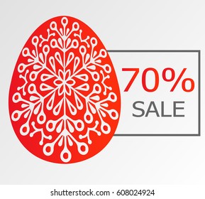 Easter sale 70 percent on the frame.  Red ornamentical egg. Background for flyer, poster, shopping, for symbol sign, discount, selling, banner, web, header.