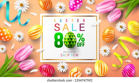 Easter Sale 80% OFF Poster and template with colorful Painted Easter Eggs and flower.Handwriting inscription Easter Day.Promotion and shopping template for Easter Day.Vector illustration EPS10