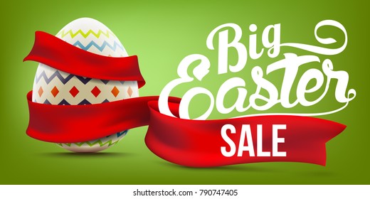 Easter sale advertising banner background with decorated egg and red ribbon realistic vector illustration