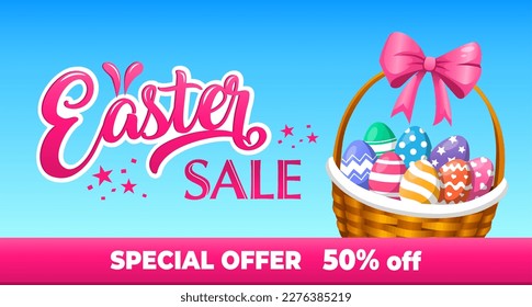 Easter sale. Advertising banner. Vector illustration for holiday sale. Stylized inscription and basket with easter eggs