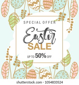 Easter sale background with beautiful flowers. Vector illustration. Frame with colors and words.