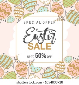 Easter sale background with beautiful flowers. Vector illustration. Frame with colors and words.