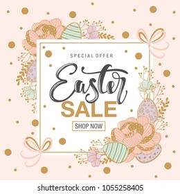 Easter sale background with beautiful flowers. Vector illustration. Frame with colors and words.