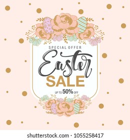 Easter sale background with beautiful flowers. Vector illustration. Frame with colors and words.