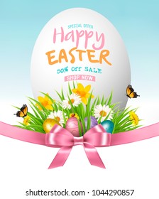 Easter Sale Background. Colofrul eggs in green grass and flowers. Vector.. Vector.