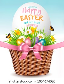 Easter Sale Background. Colofrul eggs in basket with green grass and flowers. Vector. 