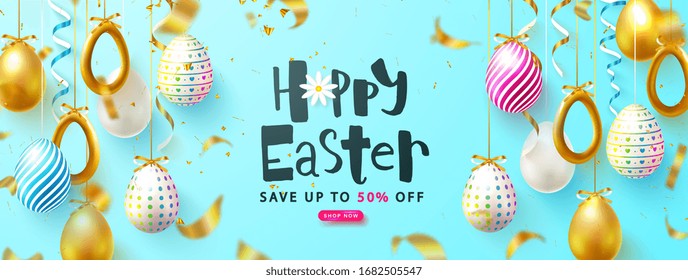 Easter Sale Background with decorated eggs and flying serpentine.Can be used for voucher, wallpaper,flyers, invitation, posters, brochure, coupon discount,greeting card.