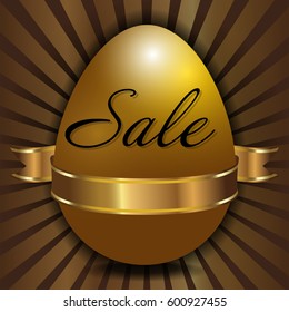 Easter sale background with decorated golden egg and ribbon. Vector illustration.