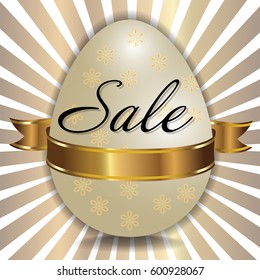 Easter sale background with decorated white egg and golden ribbon. Vector illustration.