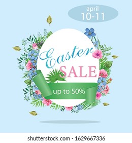 Easter sale background with eggs and spring flower. Vector illustration Easter poster