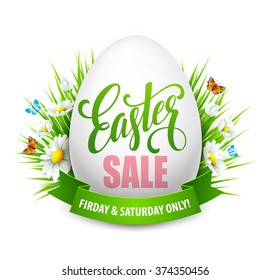 Easter sale background with eggs and spring flower. Vector illustration 
