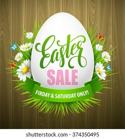 Easter sale background with eggs and spring flower. Vector illustration