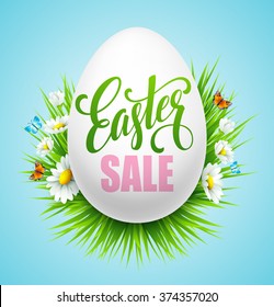 Easter sale background with eggs and spring flower. Vector illustration