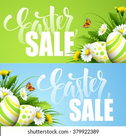 Easter sale background with eggs and spring flower. Vector illustration EPS