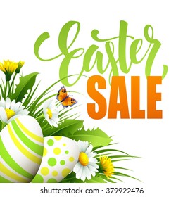 Easter sale background with eggs and spring flower. Vector illustration EPS