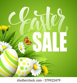 Easter sale background with eggs and spring flower. Vector illustration EPS