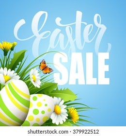 Easter sale background with eggs and spring flower. Vector illustration EPS