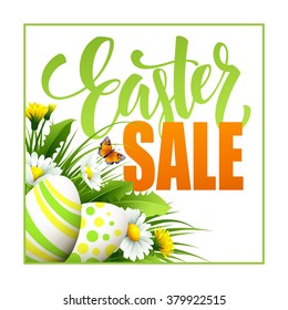 Easter sale background with eggs and spring flower. Vector illustration EPS