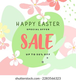 Easter sale. Background with flowers, сute bunny and eggs in pastel colors. Vector template for social media post, mobile app, greeting card, invitation, banner design and web ads, poster