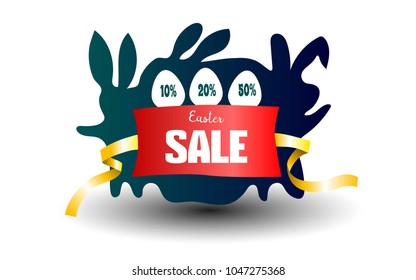 Easter Sale background poster with eggs and discounts percentage. Cute cartoon bunny rabbit with colored eggs
