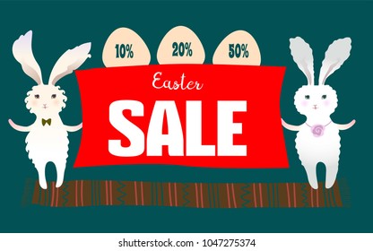 Easter Sale background poster with eggs and discounts percentage. Cute cartoon bunny rabbit with colored eggs