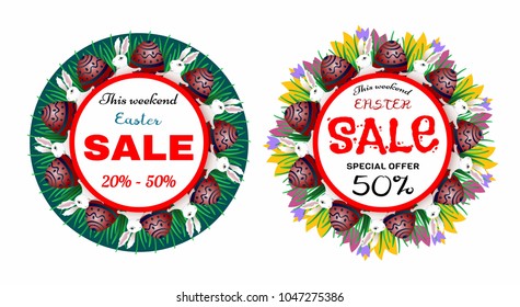 Easter Sale background poster with eggs and discounts percentage. Vector illustration