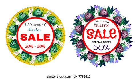 Easter Sale background poster with eggs and discounts percentage. Vector illustration
