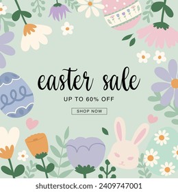 Easter sale background poster template. Vector abstract background with pastel flowers, rabbit and eggs background. For vouchers, wallpaper, banners, headers, social media, sales, coupon discounts.