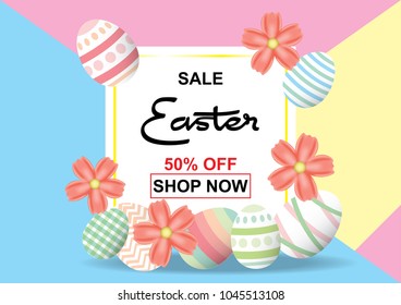 Easter sale background template 50% offer with colorful Easter eggs and beautiful flower and colorful background with square frame. Vector illustration.