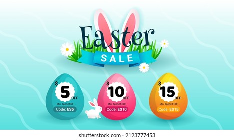 Ilustración del vector de fondo de la venta de Semana Santa. Código de cupones de promoción de huevos de Pascua