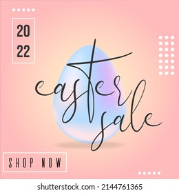 Easter sale banner 2022. Modern cyber concept with 3d holographic Easter egg and text. Geometric retro futuristic poster for e commerce, shops, social media. Festive pastel vector illustration