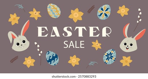 Easter sale banner in 2025 colors. Hand drawn flat cartoon rabbits with eggs and flowers. Holiday vector illustration