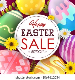 Easter sale banner background design with colored easter eggs