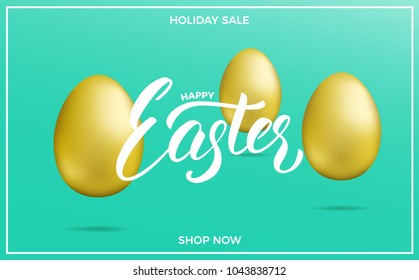 Easter. Easter sale banner background with Easter lettering and holiday golden eggs