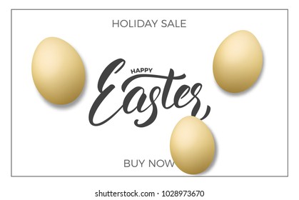 Easter. Sale banner background with realistic eggs and Happy Easter lettering. Easter sale design template.