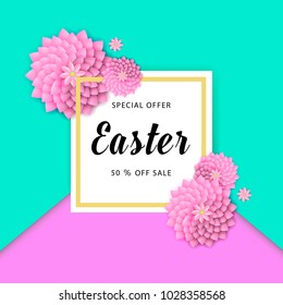Easter sale banner background template with beautiful colorful spring flowers. Vector illustration.