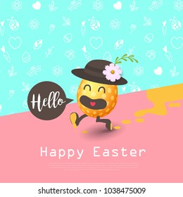 Easter sale banner background template with cartoon easter eggs running. Vector illustration.