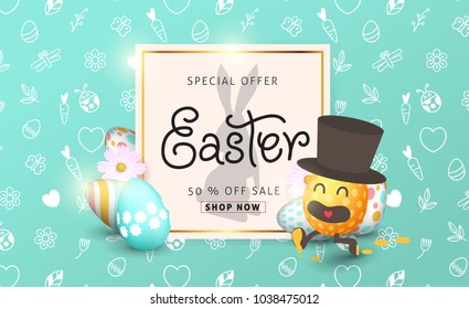 Easter sale banner background template with beautiful colorful spring flowers and  cartoon easter eggs running. Vector illustration.