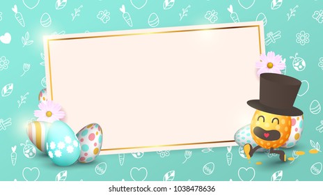 Easter sale banner background template with beautiful colorful spring flowers and  cartoon easter eggs running. Vector illustration.