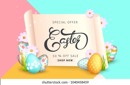 Easter sale banner background template with beautiful colorful spring flowers and eggs. Vector illustration.